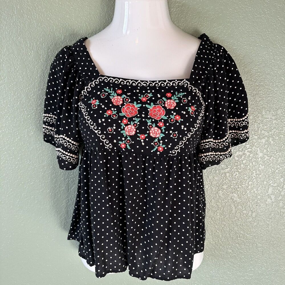 Savannah Jane Rose embroidered Black White Polka Dot Shirt S Small